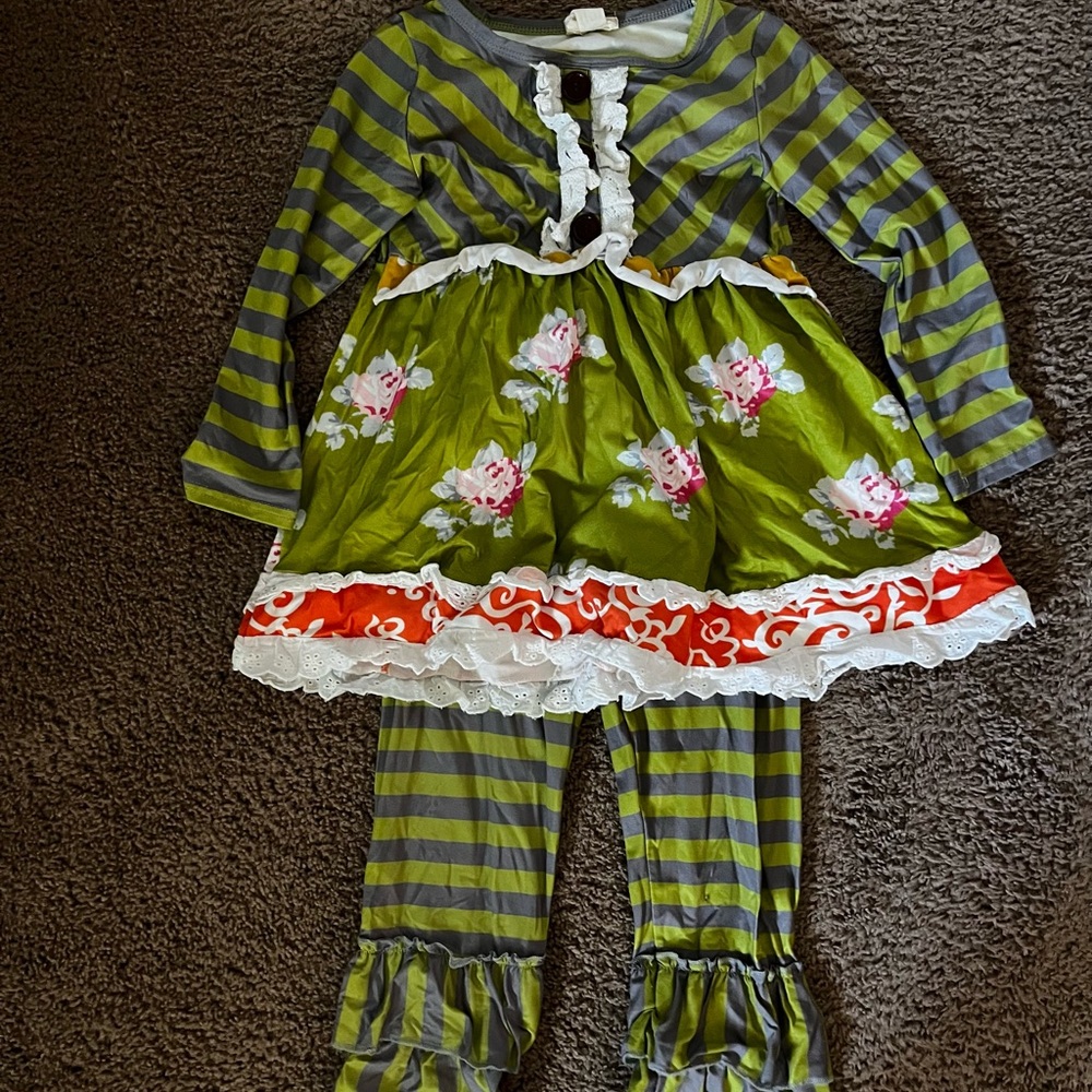 Honeydew Green and Gray Striped Floral Dress with Pants